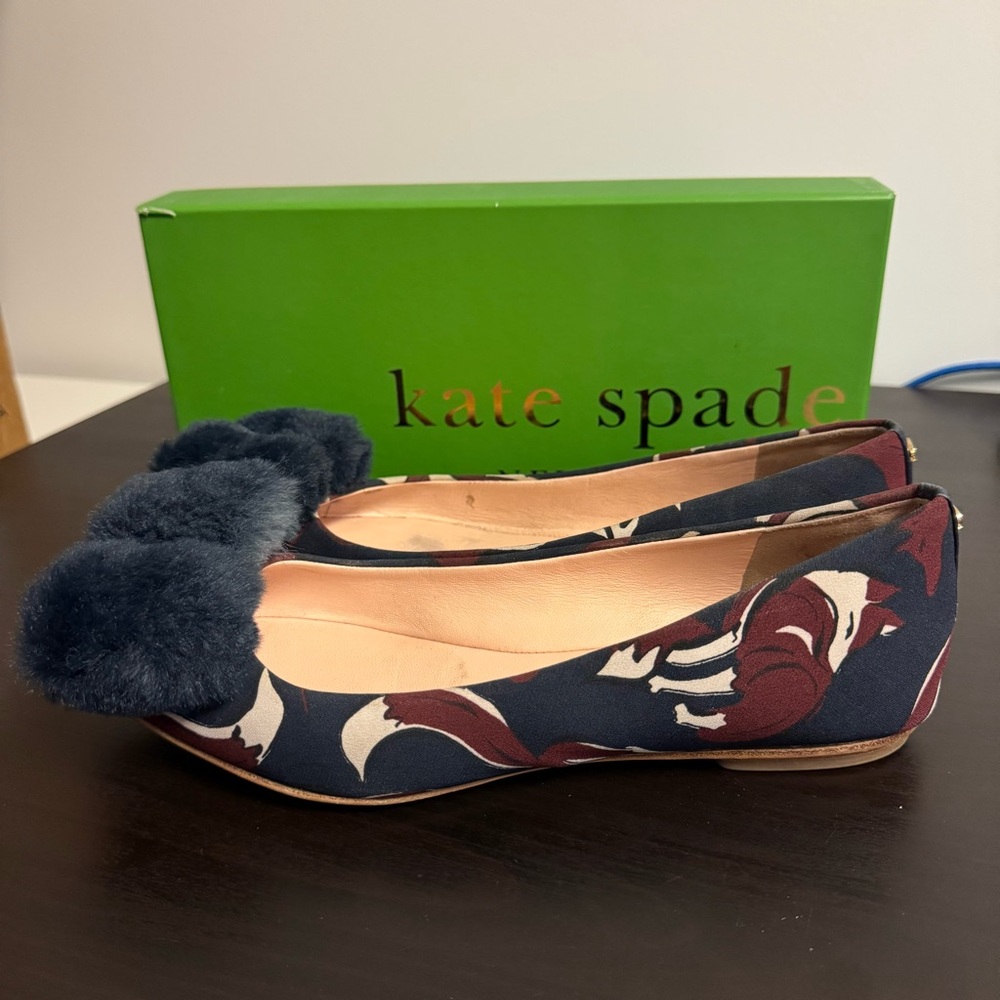 Kate Spade Elen navy satin fluffy bow fox flats sz 8.5 - discounted shipping!